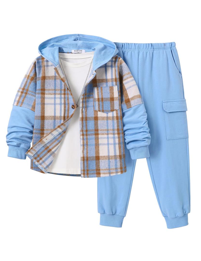 EDFTM Toddler Boy Clothes Flannel Plaid Hoodie Shirt and Casual Sweatpants Boys Fall Winter Spring Outfits Sky Blue 3-4 Years