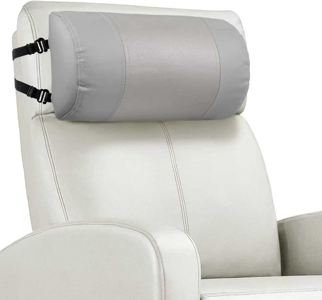 Neck Pillow for Recliner, Non-Slip Recliner Headrest Pillow with Adjustable Strap, Leather Neck Support Chair Headrest Cushion for Office, Couch, Car, Travel, Airplane, Pain Relief(Light Gray)