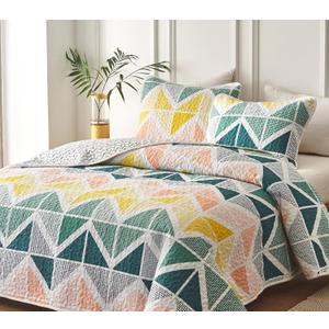 Quilt Set for Summer 3 Piece Reversible Colorful Quilt Set Twin Size with Dark Green Orange Yellow Cubes Microfiber Lightweight Cool Breathable Bedding Coverlet Set Bedspread for All Season (Twin (68x86), Green-yellow-orange)