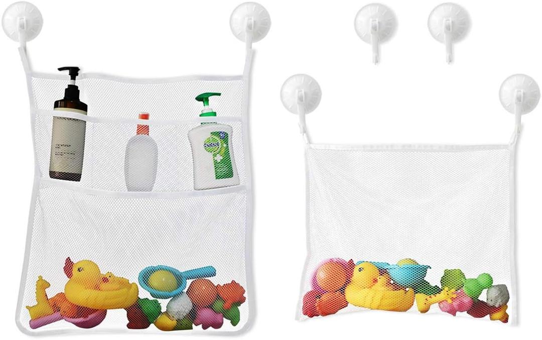 TTSAM Bath Toy Organizer Mesh Storage Organizer Baby Shower Toys Bathtub Net Bag Kids Quick Dry Bathtub Mesh Net Bathtub Toy Holder 2 X Bathroom Storage Bag & 6 X Strong Suction Hooks (White)