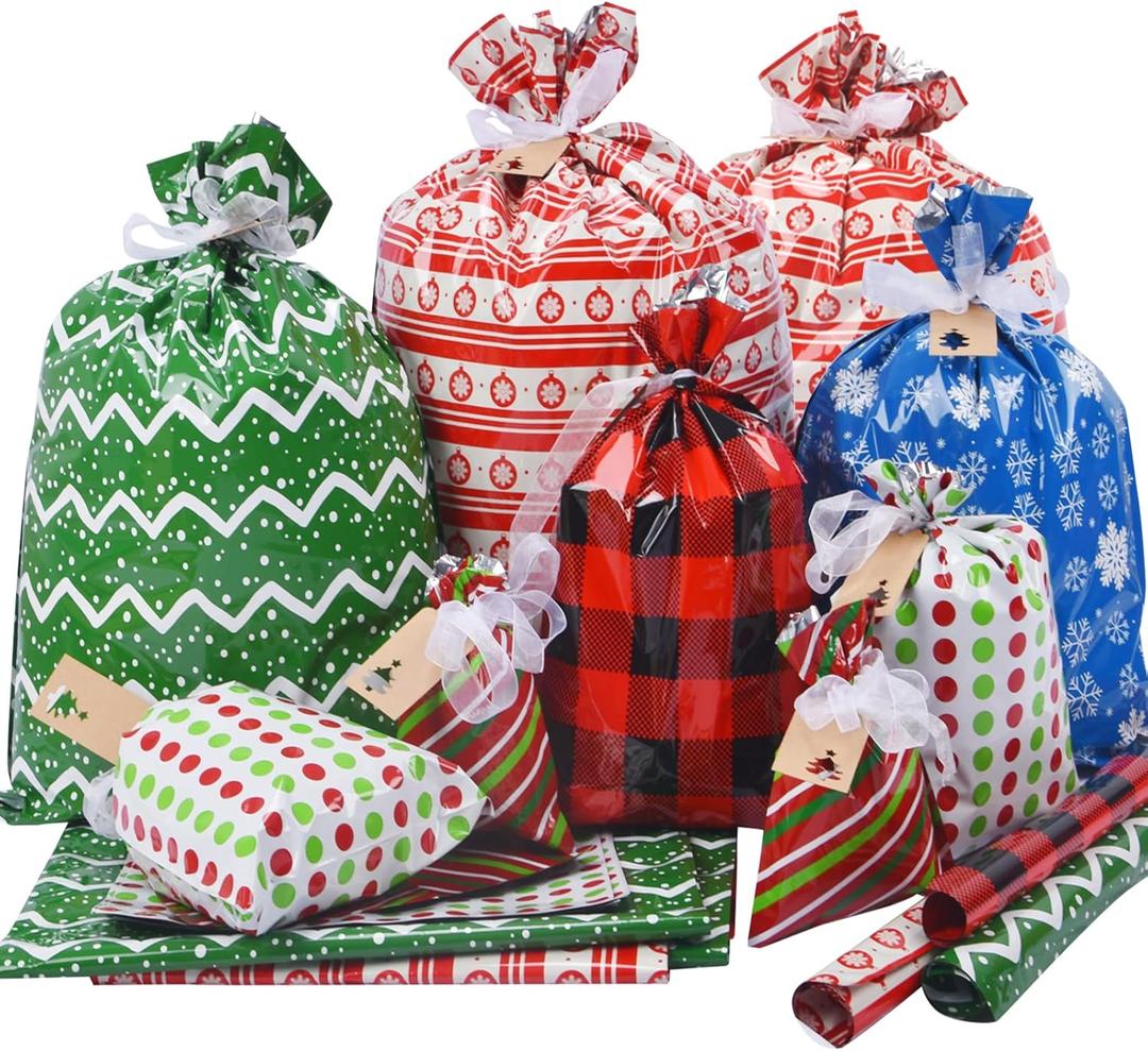 Christmas Gift Bags, 34pcs Assorted Sizes With Ribbon Ties&Tags, Xmas Favor Goody Reusable Plastic Holiday Gift Bag Bulk Jumbo/Extra Large/Medium
