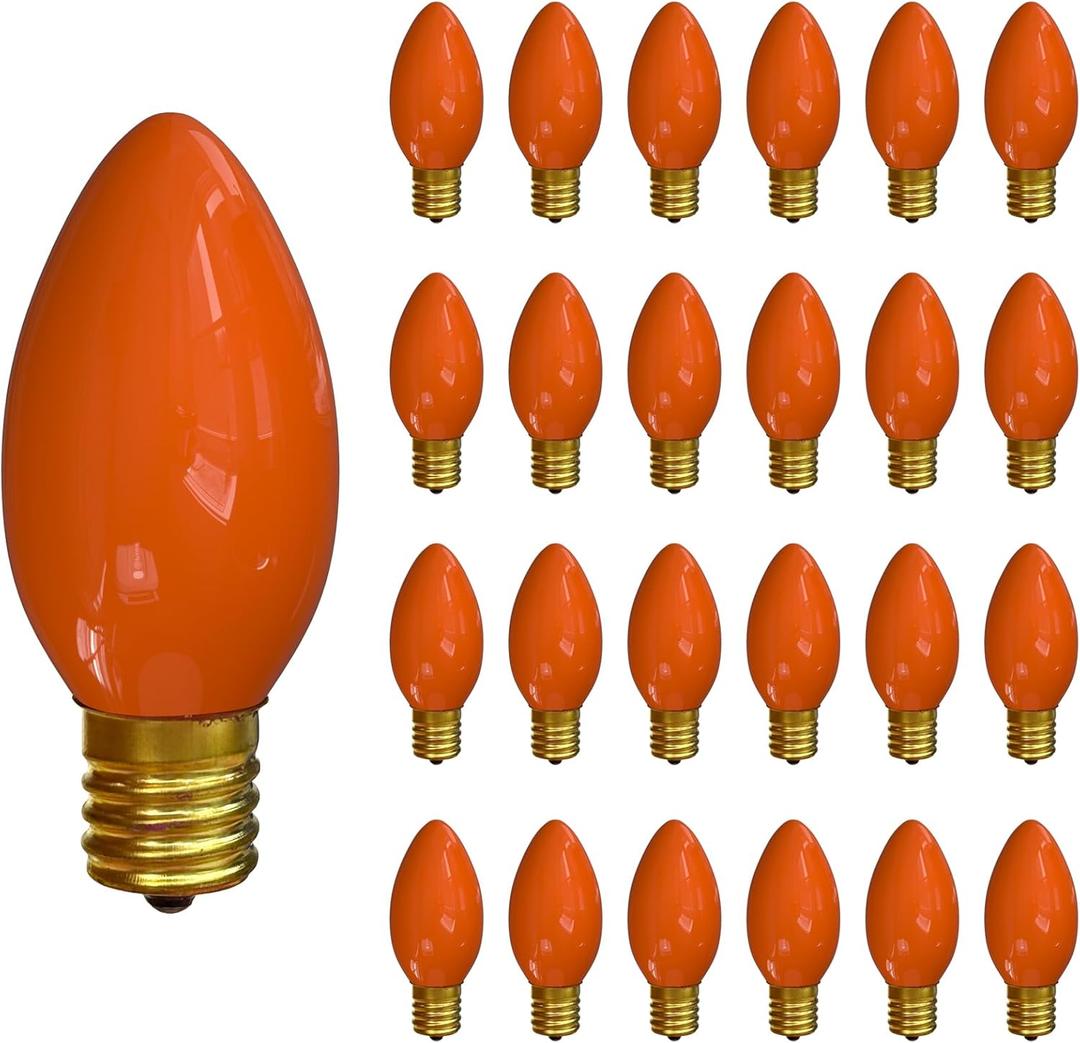 C9 Orange Christmas Light Bulb, 25 Pack Incandescent Christmas Light Bulbs for C9 Outdoor String Lights, Christmas Tree Decor, Outdoor/Indoor Use, C9/E17 Candelabra Base, 7 Watt