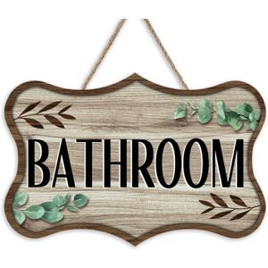 Bathroom Farmhouse Front Door Sign, Rustic Wood Hanger Toilet Restroom Washroom Home Decor, Eucalyptus Leaves Wooden Wreath Indoor Wall Hanging Decoration
