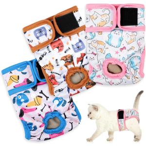 Reusable Cat Diapers 3 Pack With Good Absorbency for Female and Male Cats - Small, Easy to Put On, Adorable, Secure Fit, Small(New Born-10.5"Waist)