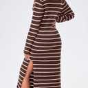 Saodimallsu Womens Striped Sweater Dress Fall Chunky Knit V Neck Collared Long Sleeve Sexy Slit Loose Midi Dresses (Brown)