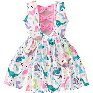 Popshion Toddler Summer Dresses for Girls Leopard Print Dress Back Bowknot Dress Dinosaur Clothes Kids Sleeveless Sundress,3-4Y
