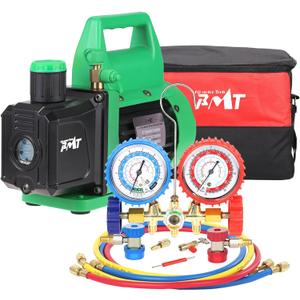 PB Motor Tech Vacuum Pump & Gauge Set - 4.5 CFM Pump w/Brass Manifold Gauge, Quick Couplers, 410 Adapter, Can Tap Tool & Carrying Tote - for R134A, R12, R22, R502 Refrigerants & A/C Maintenance