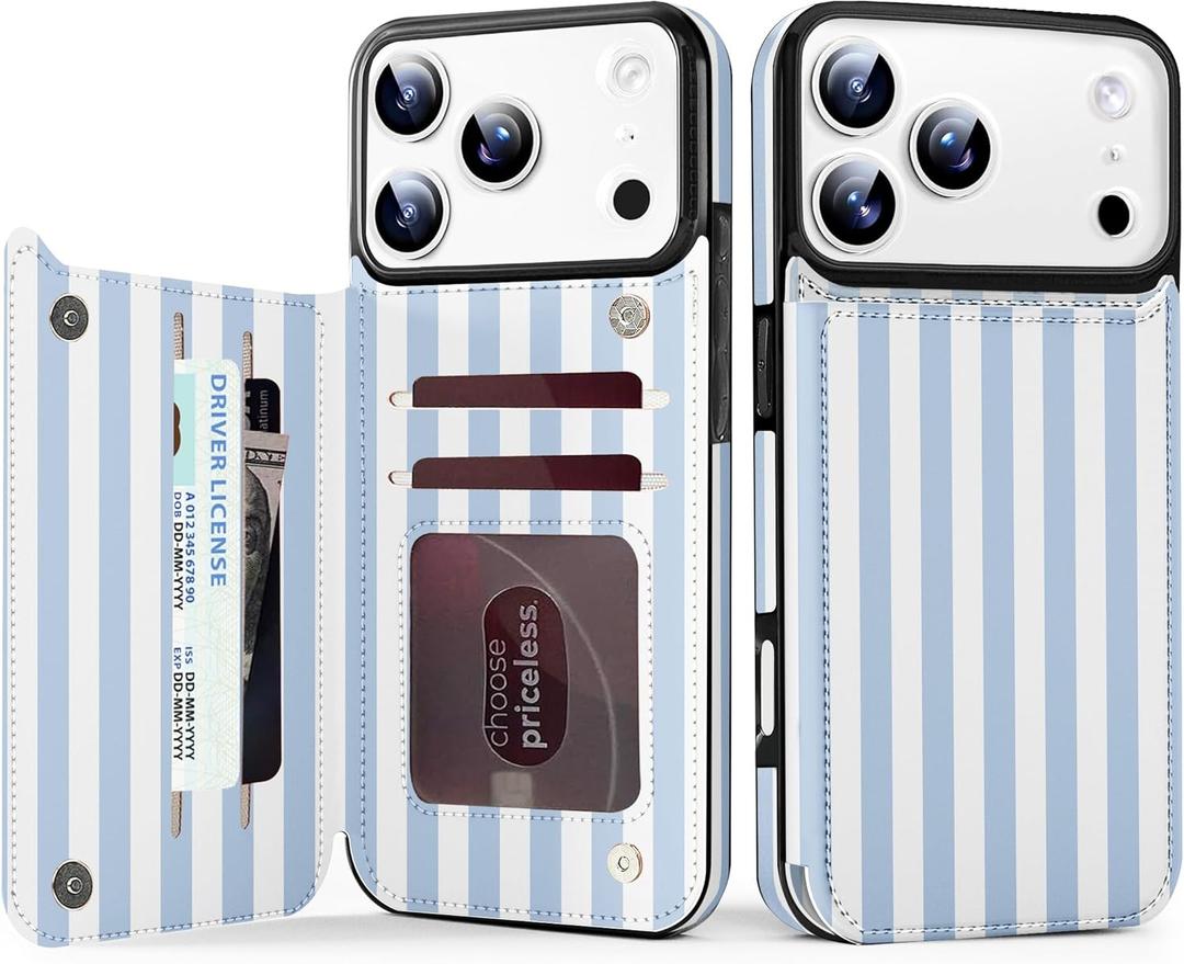 TopPerfekt for iPhone 17 Pro Wallet Case with Card Holder, Military-Grade Drop Protection, Flip PU Leather Built, Double Magnetic Clasp Durable Shockproof for iP17 Pro 6.3Inch Cover-Stripes, Blue-White