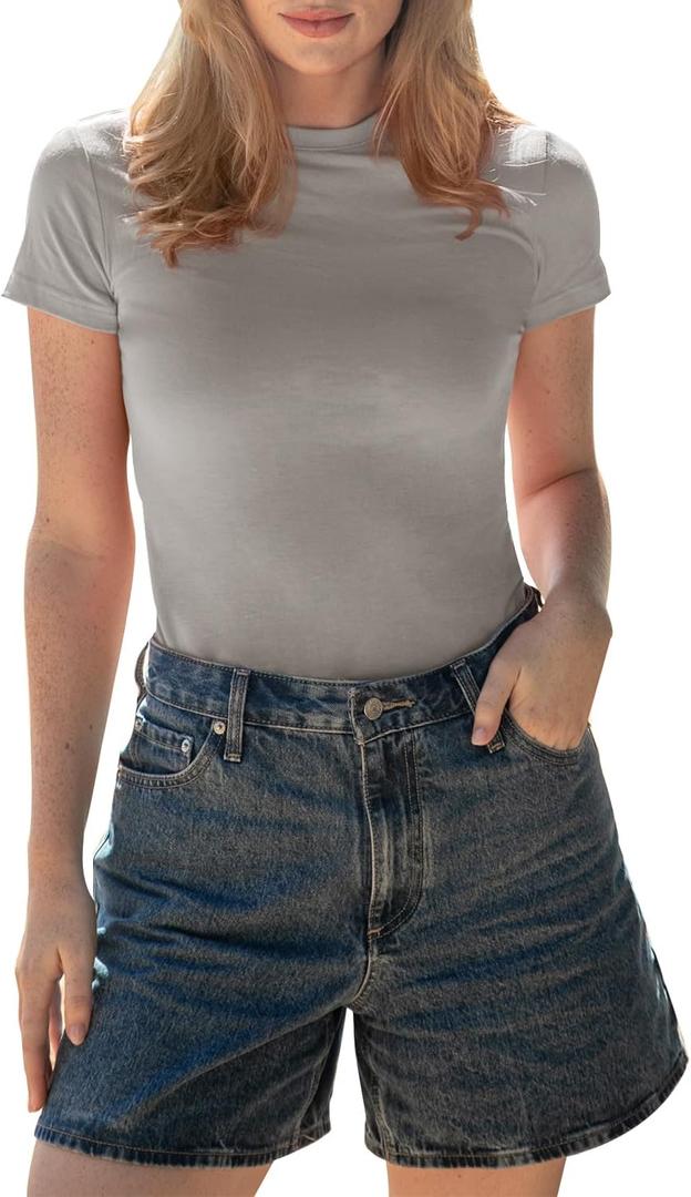 BAMBOO COOL Women's Skin-Tight Soft T-Shirts Short Sleeve Slim Fit Tops for Women Cute Basic Tees (X-Large, Grey)