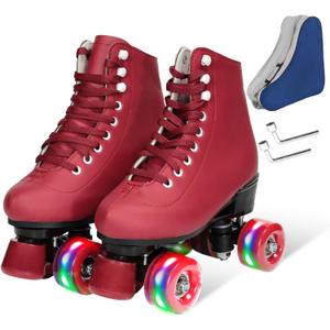 Wiwiy Roller Skates for Women Men, with Leather High Top Four Shiny Wheel Roller Skates Red, for Beginner Indoor Outdoor(Women's 9 / Men's 8)