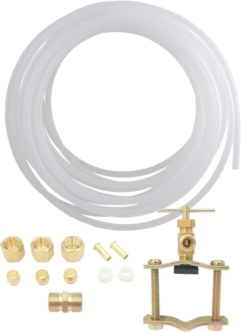Refrigerator Water Line Kit, Ice Maker Supply Line, Fridge Water Line Kit, Includes 1/4x25 Poly Tube, Quick Connect Saddle Valve, Compression Fittings and Adapters