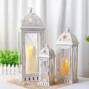 TRIROCKS Set of 3 Large Decorative Candle Lanterns 22''&16"&11" H Vintage Candle Holders for Garden Yard Patio Wedding Parties Events Christmas Indoors Outdoors(Beige with Gold Brush)