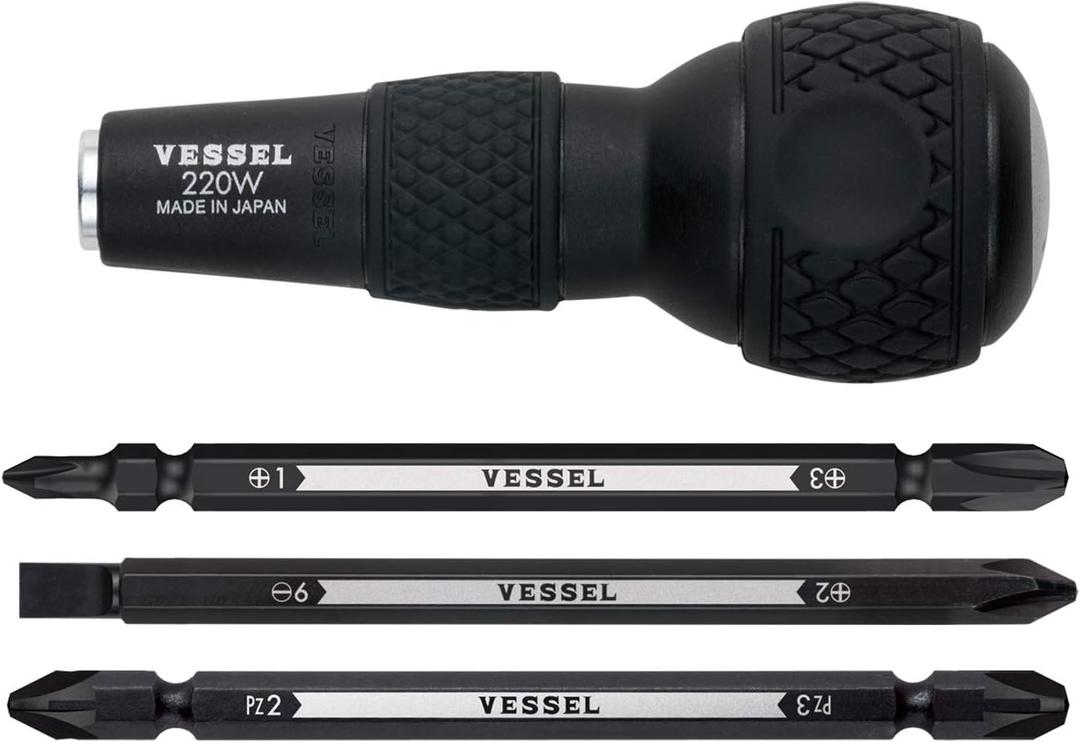 VESSEL BALL GRIP 1/4" Hex. Bit Interchangeable Screwdriver (Bit 3PC. (+1, +3 / +2, -6 / PZ2, PZ3) SET. 220W3J1)