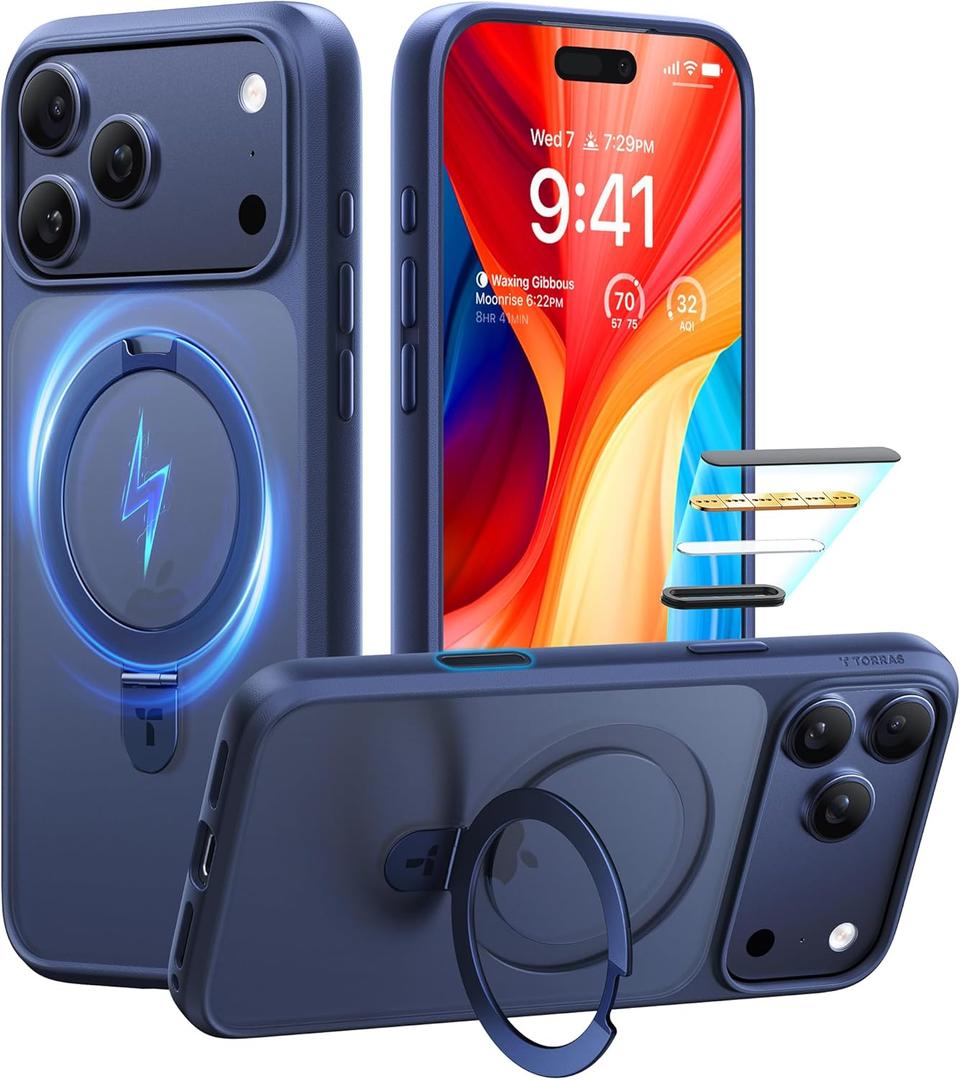 TORRAS Magnetic Ostand for iPhone 17 Pro Max Case, Military Grade Protection Fit for MagSafe Built in Kickstand Camera Control Button Translucent Slim Back Soft Edge, Deep Blue