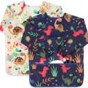 Kids Art Smocks 2 Pack Dinosaur Painting Aprons for Children Waterproof Artist Smock with Long Sleeve and 3 Pockets for Age 3-8 Years