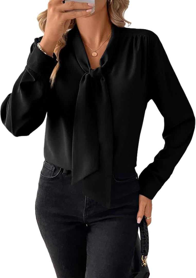 Astylish Womens Bow Tie Neck Tops 2026 Long Sleeve Trendy Business Work Blouses Elegant Dressy Casual Shirts (XX-Large, Black)