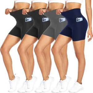 FULLSOFT 4 Pack Biker Shorts for Women with Pockets  5" High Waisted Tummy Control Workout Yoga Running Gym Tennis Shorts (Small-Medium, 2-4 Pack Black/Black/Navy Blue/Grey)