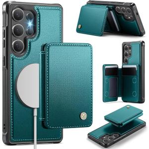 Compatible with Magsafe for Samsung Galaxy S25 Ultra Wallet Case Magnetic Card Holder, RFID Blocking 2 in 1 Detachable Kickstand Shockproof Case for Women Men, Bluish Green