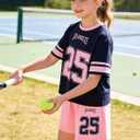 Girls 2 Piece Summer Outfits Graphic Letter Print Jersey Shirt and Biker Shorts Set Navy Blue Pink 11-12 Years (Blue)
