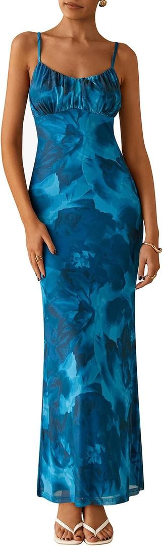 PRETTYGARDEN Women's Floral Bodycon Maxi Dress Summer Beach Sundress Sleeveless Spaghetti Strap Wedding Guest Dress (Blue, L)