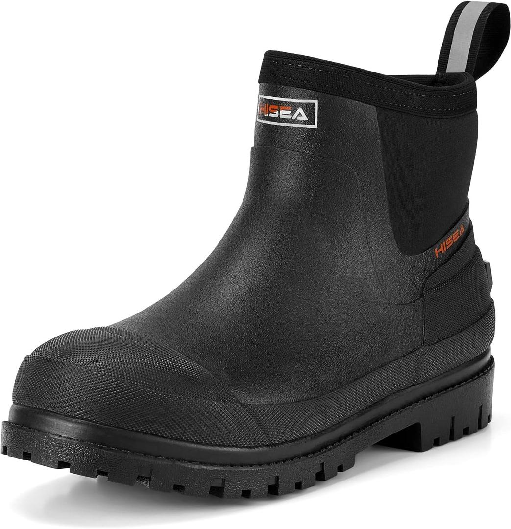 HISEA Men's Chelsea Rain Boots, Rubber Ankle Short Boots for Men Waterproof, Durable Insulated Mud Booties for Outdoor Garden Work (9, Black)