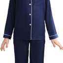 Veseacky Match With Family Satin Pajamas Holiday Homewear Satin Silk Button Down PJ Set (Navy blue, 150)