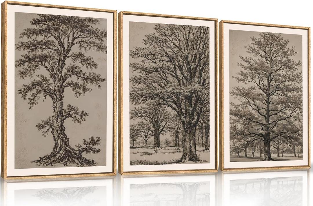 HOURIA Vintage Tree Sketch Framed Canvas Wall Art Set,Natural Brown and Gray Woodland Wall Decor,Mid Century Nature Forest Artwork,Textured Botanical Art Print for Living Room,Bedroom,Office-16"x24"x3