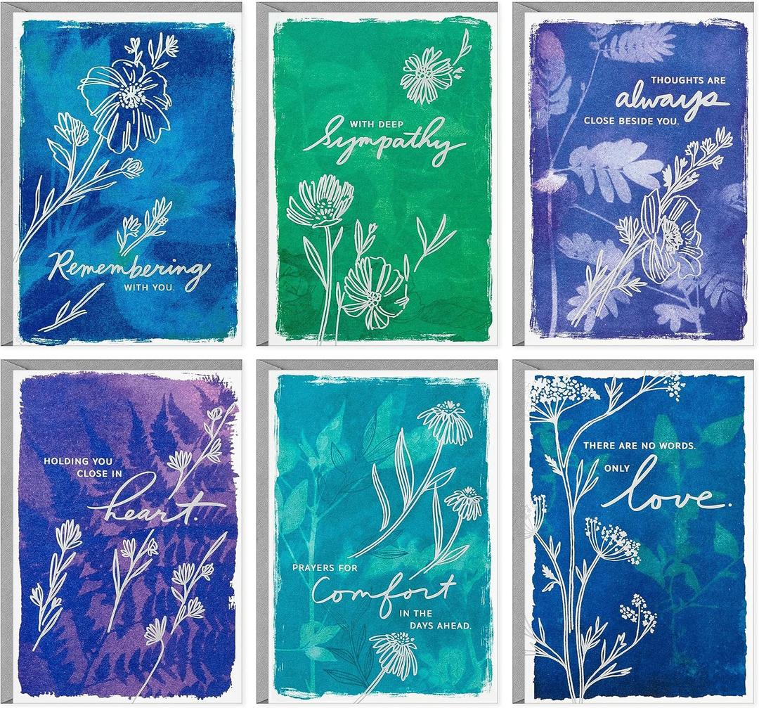 Hallmark Assorted Sympathy Cards (36 Cards with Envelopes) Blue and Green Flower Assortment