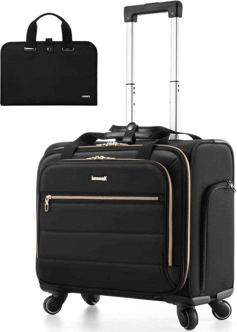 LUGGEX Rolling Laptop Bag with Wheels, 17.3" Soft Sided Laptop Rolling Briefcase with 4 Spinner Wheels - Lightweight Carry On for Business Travel Overnight (UDS-Core, Black, 18 Inch)