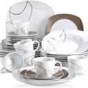 VEWEET 'Nikita' 30-Piece Dinner Set Ivory White Brown Lines Porcelain China Ceramic Combination Sets of Dessert Plates/Soup Plates/Dinner Plates/Cups/Saucers Service for 6