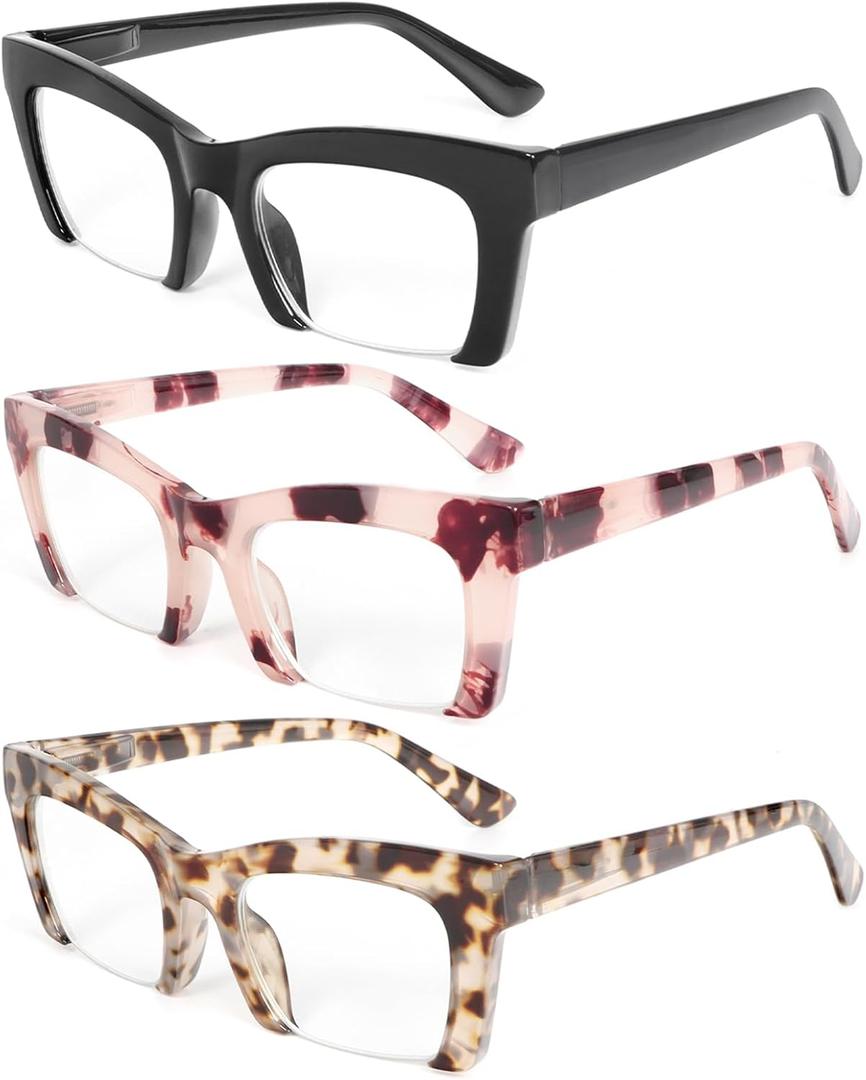 DXYXYO Reading Glasses for Women 3 Pack with Spring Hinge, Blue Light Blocking Readers with Square Thick Half Rimless Frame, 1.5X