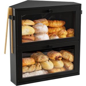 WOWLIVE Corner Bread Box for Kitchen Countertop, Large Double Layer Bread Storage Container for Homemade Bread, Black Bread Holder for Kitchen Counter, Under Cabinet Organizer (Black, Extra Large)
