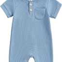 Kuriozud Newborn Infant Unisex Baby Boy Girl Clothes Button Romper Jumpsuit Basic One Piece Outfits (3-6 Months, Waffle Short Sleeve Blue)