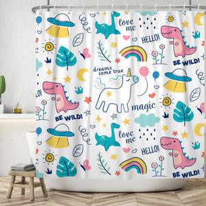 Dreamy Theme Bathroom Dino Dinosaur Rainbow Magical Shower Curtain with Hooks, Waterproof Polyester Fabric, 48x72 Inch
