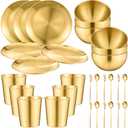 Jinei 30 Pcs 304 Stainless Steel Dinner Set Stainless Steel Plates and Bowls Include Plates Bowls Cups Forks Spoons Utensil Reusable Metal Camping Dinnerware Tableware for Home Picnic Kitchen (Gold) (Small)