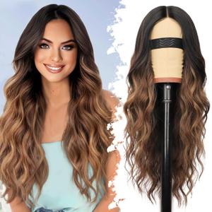 Eawwii Brown Highlights Wig for Women Long Wavy 4x1 Lace Natural Hairline Glueless for Beginners Middle Part Synthetic for Daily Party Use 26Inch