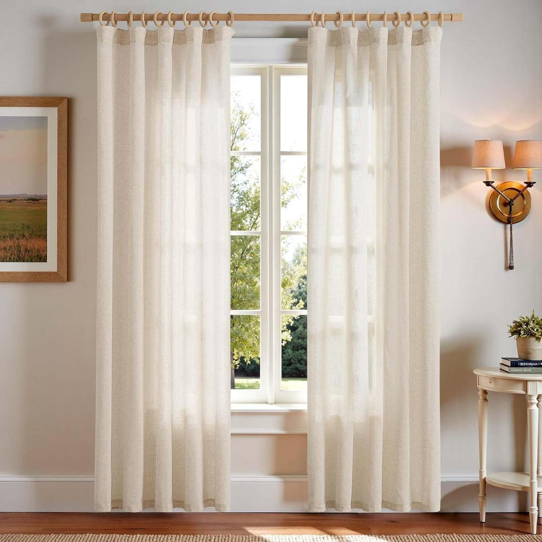 Jinchan Linen Smei Sheer Curtains 90 Inch Length 2 Panels Set Light Filtering Window Curtains for Living Room Bedroom Farmhouse Drapes for Home Decor Drapes, Back Tab, Linen Natural, 50W x 90L