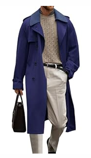 Runcati Mens Trench Coat Double Breasted Notched Lapel Long Jacket Fall Casual Classic Overcoat with Belt, (Navy Blue, Large)