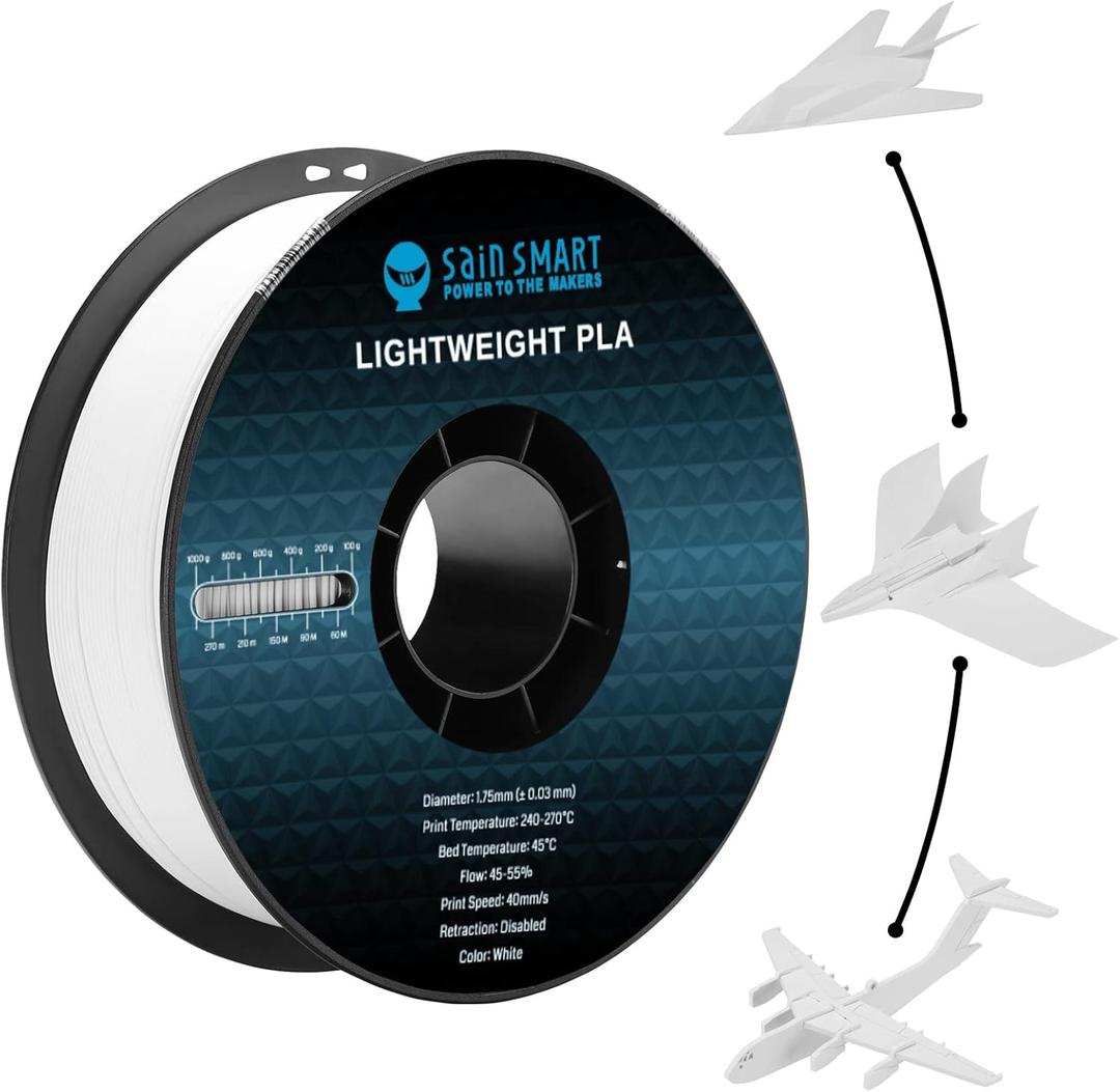 SainSmart Light Weight Filament 1.75mm, 1KG, LW-PLA Low-Density Active Foaming 3D Printer Filament for RC Planes Drone Parts and Cosplay, White PLA Filament