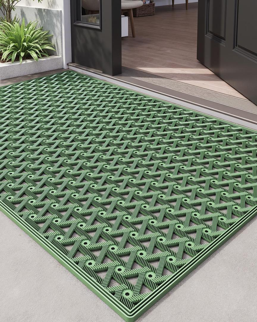 DEXI Front Door Mat Outside Entrance Rubber 32x48, Welcome Floor Doormat Heavy Duty Non Slip, Dirt Trapper Waterproof Exterior Entry Mats All Weather for Patio Entryway Drainage, Green