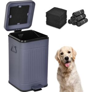 Dog Poop Trash Can with Lid for Outdoors3.2 Gallon Trash Can with Activated Carbon Filter & Plastic Bags, Pet Waste ContainerUP12L-GY-F+90BK (Rectangle-Gray)