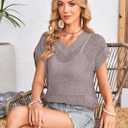 Cakulo Summer Crochet Tops for Women 2025 Short Sleeve V Neck Hollow Out Knit Beach Cover Up Casual Sweater Top (Small, Light Purple)