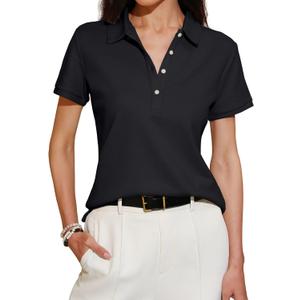 Womens Polo Shirts Summer Business Casual Work Tops Short Sleeve Button Down Collared V Neck Golf Blouse T-Shirt (Medium, Black)