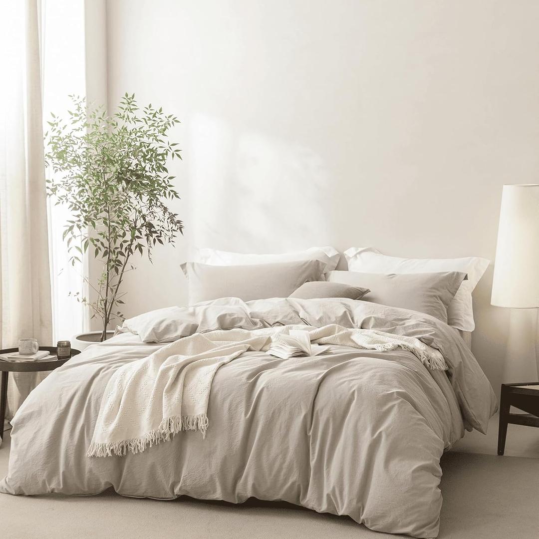 Linen Feel Cream Grey Duvet Cover Super Queen Size 98'' L x 90'' W, Percale 100% Washed Cotton Duver Cover with Zipper Closure Plus 2 Pillowcases, Oeko TEX Standard Certificated