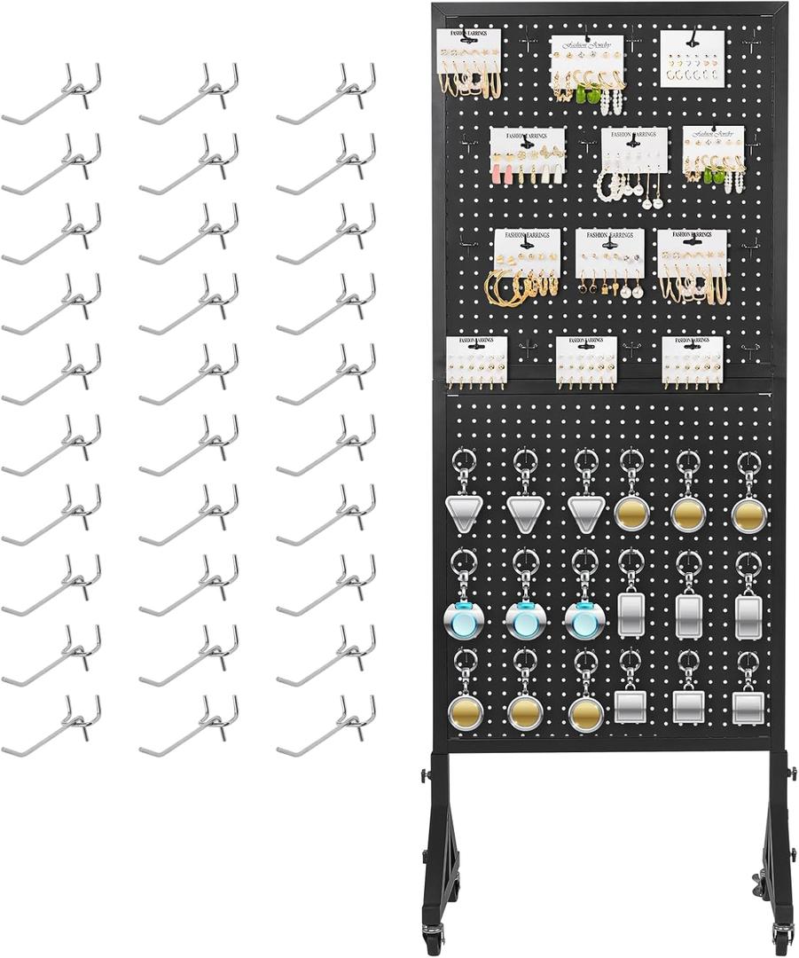 Pegboard Display Metal Pegboard Panels Rolling Pegboard Display 23.62" X 68.5" Pegboard Organizer with 30 Hooks for Garage Office Craft Room Retail Stores Vendors Selling Accessories, Black