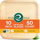 ECO SOUL Palm Leaf Like Bamboo Plates, 10 Inch Square, 50 Pack, Bulk Disposable Dinner Plates, Compostable Biodegradable Natural Wooden Dinnerware for Parties, Weddings & Catering Events