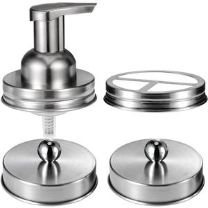 Mason Jar Bathroom Accessories Set(4pcs)-Jars Not Included - Foaming Soap Dispenser and Jars Lids for Regular Mouth jar, Wide Mouth Toothbrush Holder lid, Farmhouse Decor-Brushed Nickel