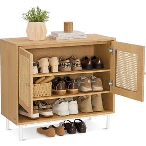 VASAGLE Natural Rattan 3-Tier Shoe Cabinet, 16 Pair Shoe Storage Cabinet, Boho Style Shoe Organizer with Height-Adjustable Shelves and Steel Legs, for Entryway, Closet, Hallway, Oak Beige ULBC049N01 (13.8"D x 31.5"W x 27.6"H)
