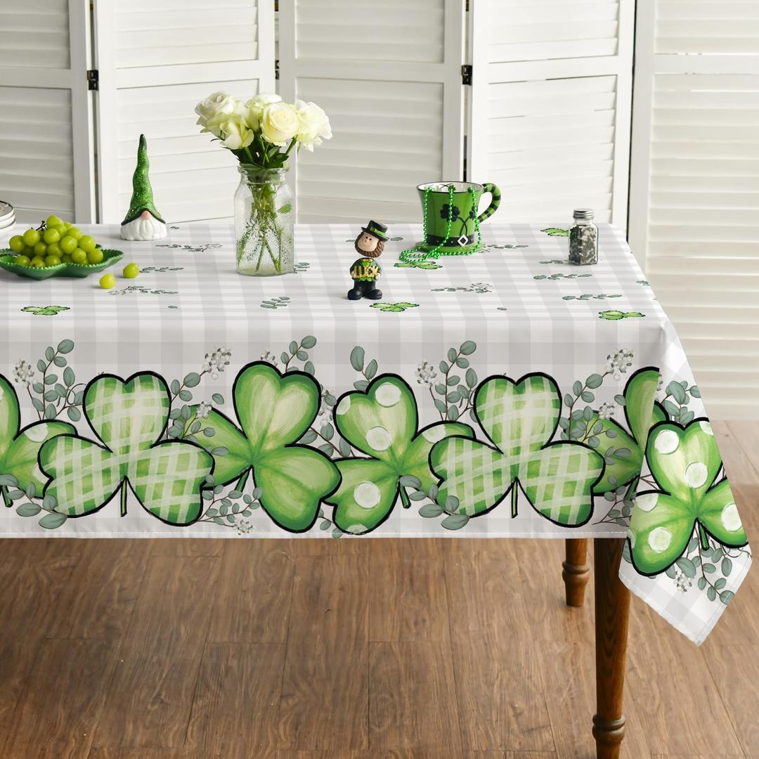 Horaldaily St. Patrick's Day Rectangular Tablecloth 6084 Inch, Buffalo Plaid Shamrock Eucalyptus Washable Table Cover for Party Picnic Dinner Decor (Green)