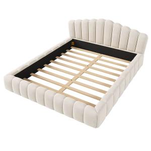 Cream-style Double Bed Velvet Upholstered Platform Bed Frame, Queen Grounded Bed with Shell-Shaped Soft Headboard, Beige